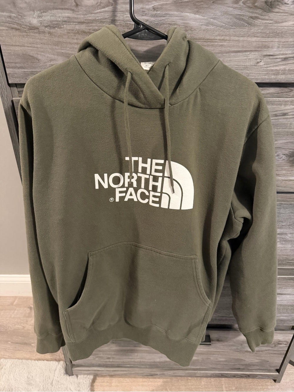 The North Face Men's Olive Green Crewneck Hoodie with White Logo